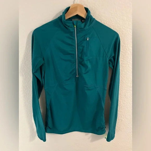 Athleta Alacrity Half Zip Pullover Teal Green Small Plush Tech, Adjustable Sides - Picture 3 of 9